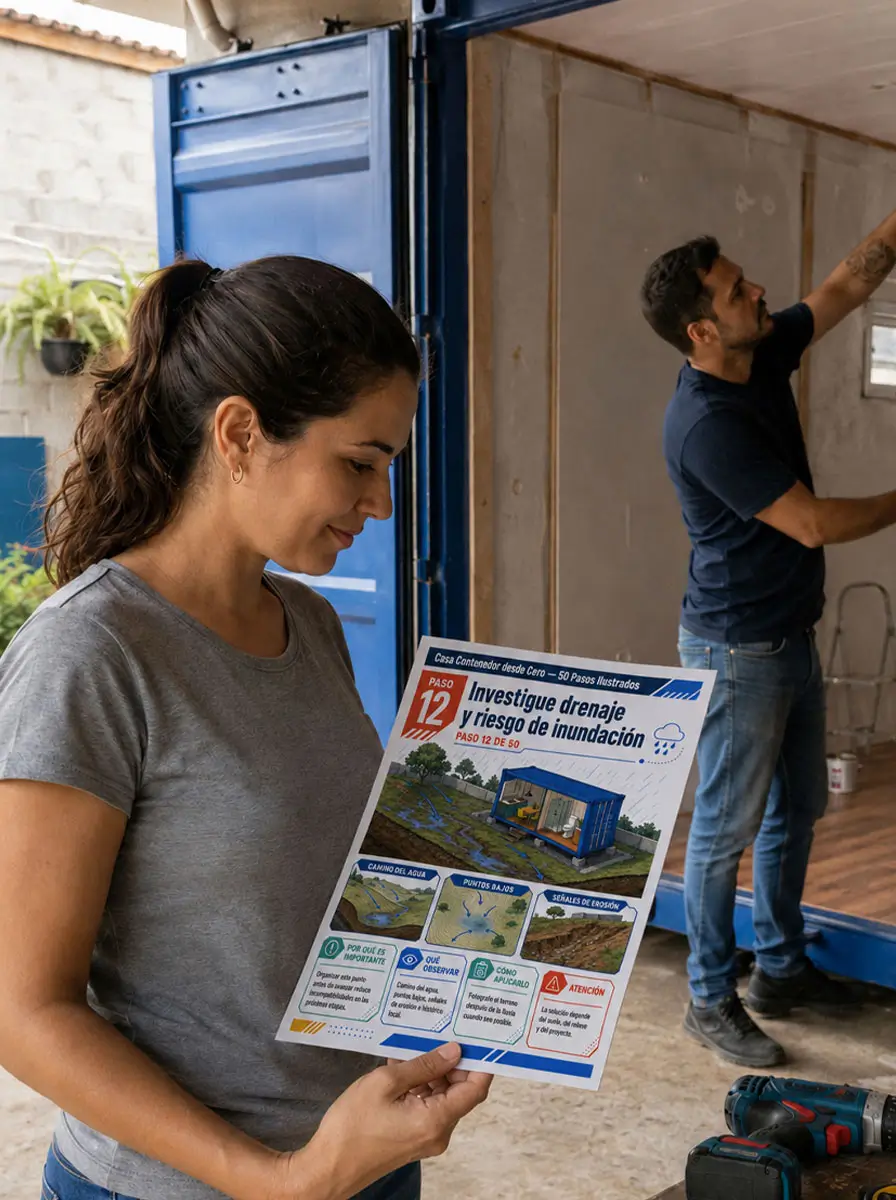 Persona consultando la guía durante la construcción de una casa contenedor